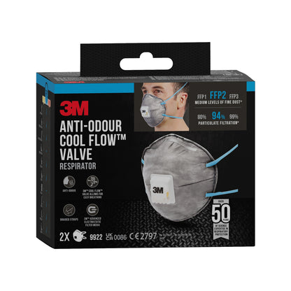 Eine 3M™ Cool Flow™ Partikelmaske 9922, FFP2, geruchshemmend mit Ventil von 3M Deutschland GmbH in der Verpackung (2er-Pack) wird gezeigt - ein Nutzer trägt die Maske. Enthält Produktdetails und Hinweis auf 2 enthaltene Masken.