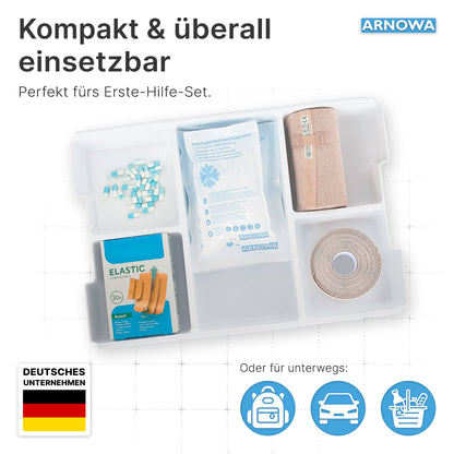 Die ARNOMED SOFORTKÄLTEKOMPRESSE der ARNOWA GmbH ist ein kompaktes, weißes Erste-Hilfe-Set mit Kapselfächern, Alkoholtampons, elastischen Binden, Klebeband, Pflastern und Instant Cool Packs. Der deutsche Text unterstreicht die Vielseitigkeit, das Logo zeigt die deutsche Flagge.