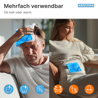 Geteiltes Bild: Links, ein Mann hält die ARNOMED KALT-/WARMPACK von ARNOWA GmbH an die Stirn. Rechts legt eine Frau sie auf den Bauch. Icons zeigen vielseitige Anwendung bei Schmerzen. Die Texte sind auf Deutsch.