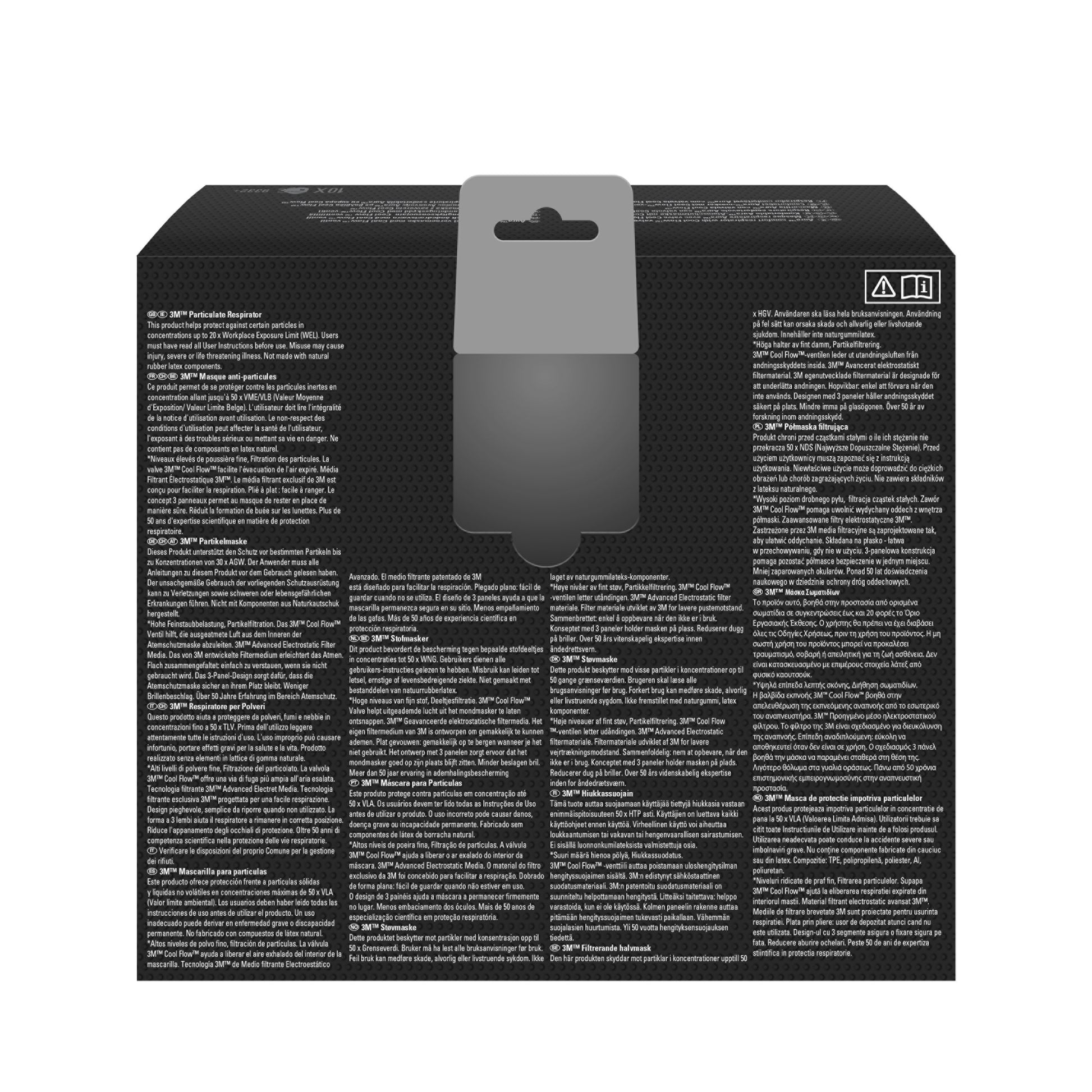 Das Bild zeigt die Rückseite einer schwarzen 3M™ Aura™ Comfort Cool Flow™ Partikelmaske 9332+ FFP3 von 3M Deutschland GmbH mit dichtem weißem mehrsprachigem Text, einer grauen Aufhängelasche oben und zwei kleinen Symbolen in der rechten oberen Ecke.