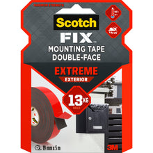 Eine Packung Scotch-FIX™ Extreme doppelseitiges Außenmontageband von 3M Deutschland GmbH (19 mm x 5 m) mit der Rolle, einem Briefkasten, Symbolen für die Temperatur- und UV-Beständigkeit und einem Etikett mit der maximalen Belastung von 13 kg.