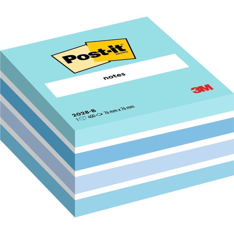 Ένας κύβος σημειώσεων Post-it® (76 mm x 76 mm, 450 φύλλα/μπλοκ, 100% PEFC) της 3M Deutschland GmbH δείχνει εναλλασσόμενα λευκά και μπλε φύλλα με το λογότυπο Post-it και "notes" στην κορυφή.