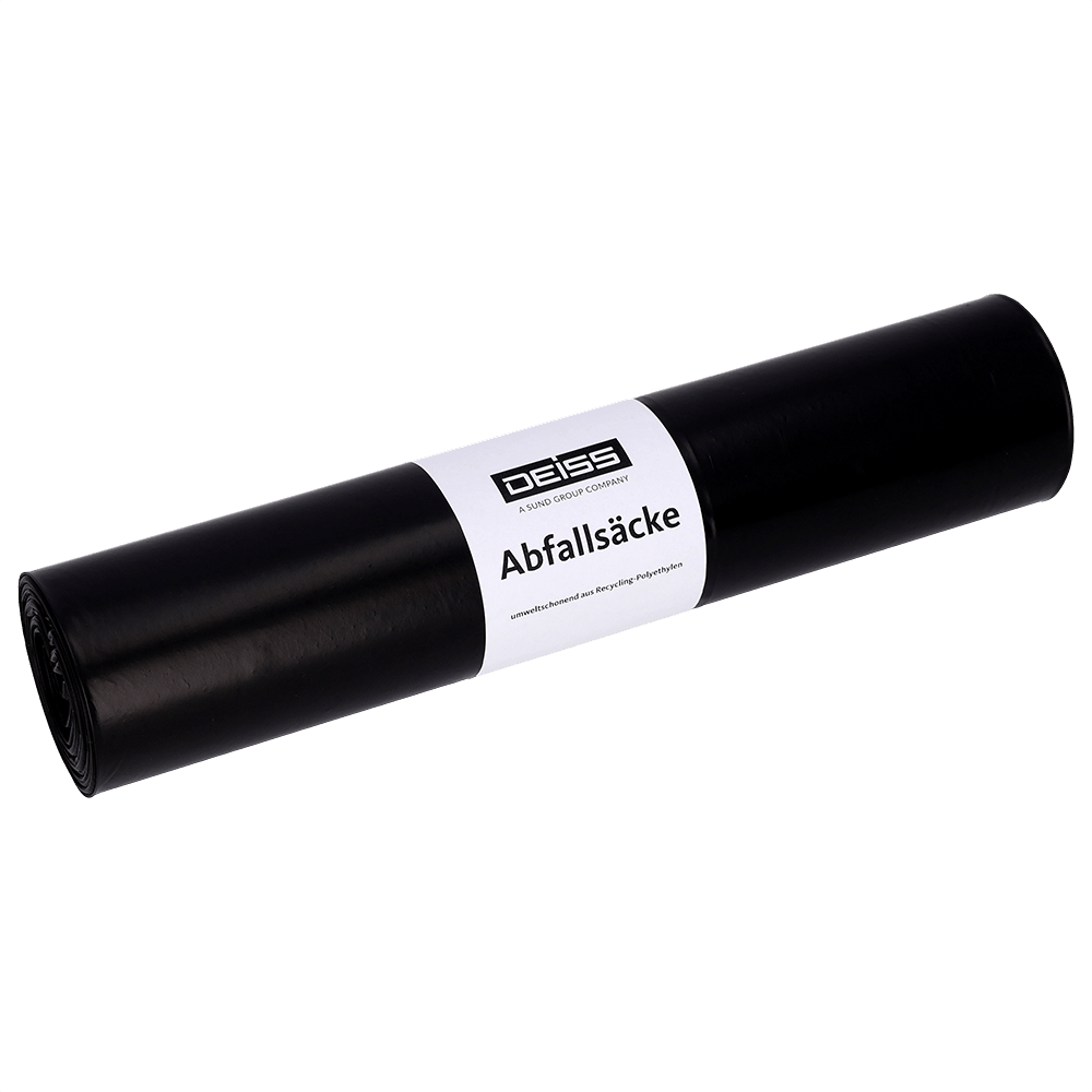 Ένας μαύρος ρολός σακούλες σκουπιδιών EMIL DEISS KG (GmbH + Co.) με την επιγραφή "DEISS 95059 - 600x700 mm Typ 60 schwarz | Rolle (25 Stück)" βρίσκεται σε ένα απλό, φωτεινό φόντο.