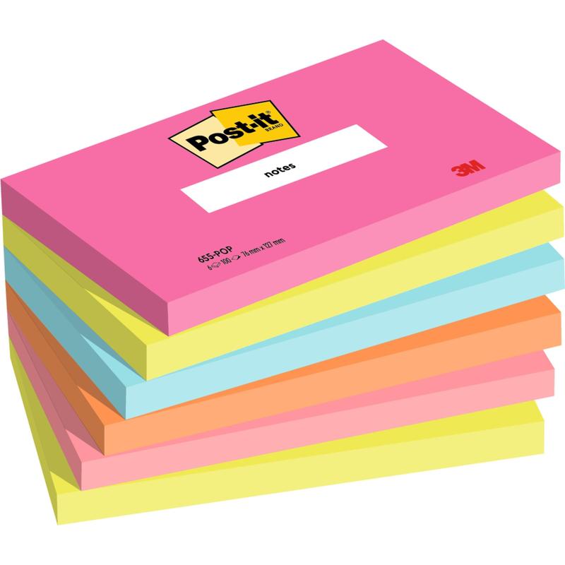 Ένα πακέτο έξι Post-it® Notes της 3M (76 x 127 mm, 100 φύλλα/μπλοκ, 100% PEFC) με μπλοκ σε ροζ, κίτρινο, μπλε και πορτοκαλί. Το πάνω μπλοκ είναι ροζ με μια ετικέτα "Post-it". Από την 3M Deutschland GmbH.