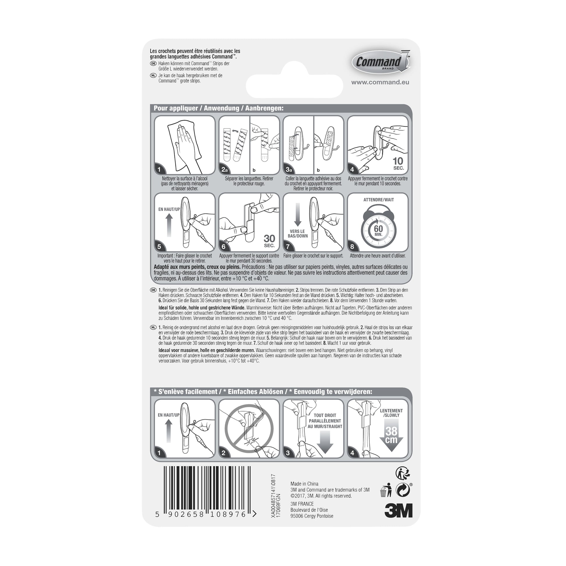 Auf der Rückseite des Command™ Large Drahthaken, 17069 von 3M Deutschland GmbH finden Sie eine bebilderte Schritt-für-Schritt-Anleitung, mehrsprachigen Text, Produktdetails, Warnhinweise, einen Barcode sowie Logos von 3M und Command.