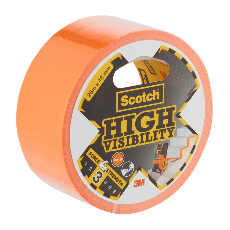 Ένας ρόλος ταινίας Scotch® High Visibility, πορτοκαλί, 25 m x 48 mm από την 3M Deutschland GmbH· στην ετικέτα αναγράφονται οι διαστάσεις και το λογότυπο της 3M, στο φόντο απεικονίζεται μερικώς ξετυλιγμένη ταινία. Η συσκευασία περιέχει 6 κομμάτια.