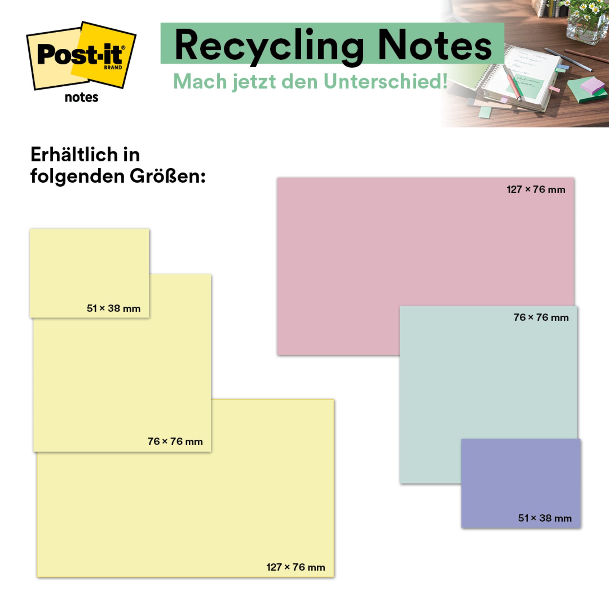 Eine deutsche Werbung für die Post-it® Recycling Notes (Gelb, 76x127 mm, 100 Blatt/Block, 6 Blöcke/Packung, 100% PEFC) der 3M Deutschland GmbH zeigt eine kleine Schreibtischszene mit gelben Zetteln in der rechten oberen Ecke.