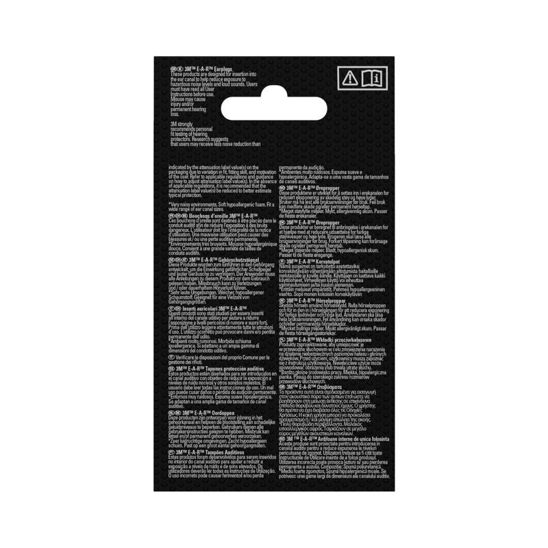 Η πίσω πλευρά μιας συσκευασίας 3M™ ωτοασπίδων E-A-Rsoft™ FX™, με πυκνό, πολυγλωσσικό κείμενο σε μαύρο φόντο. Δείχνει δύο προειδοποιητικά σύμβολα και SNR-αξία 37 dB οδηγίες για τις μαλακές κίτρινες ωτοασπίδες (PU-αφρός), 5 ζεύγη από την 3M Deutschland GmbH.