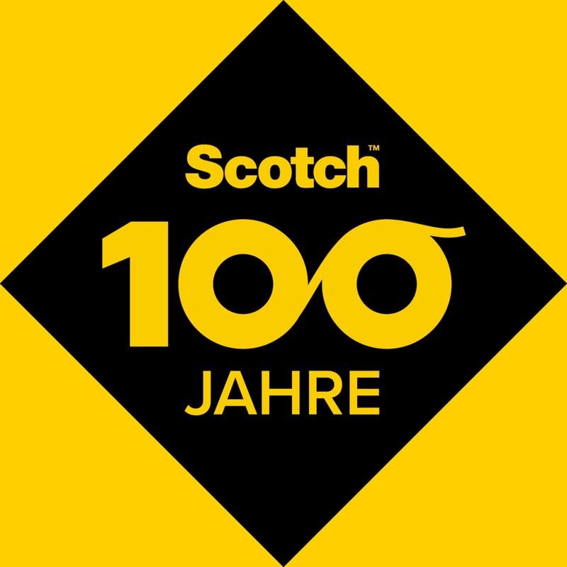 Ένα μαύρο ρόμβο σε κίτρινο φόντο με τη φράση "Scotch 100 JAHRE" και το "00" ως σύμβολο απειρότητας γιορτάζουν 100 χρόνια ποιότητας της διπλής όψης ταινίας Scotch® της 3M Deutschland GmbH, 1 ρολό, 12 mm x 33 m.