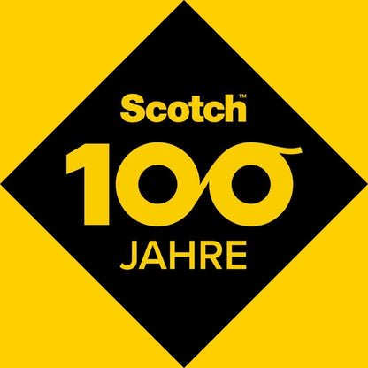 Ένα μαύρο ρόμβο σε κίτρινο φόντο δείχνει "Scotch 100 ΧΡΟΝΙΑ" με το "00" ως ρολά ταινίας, για τον εορτασμό των 100 χρόνων διαφανούς ταινίας. Προϊόν: Scotch® Crystal Klebeband 6-1925R3 (19 mm x 25 m, 3 ρολά), από την 3M Deutschland GmbH.