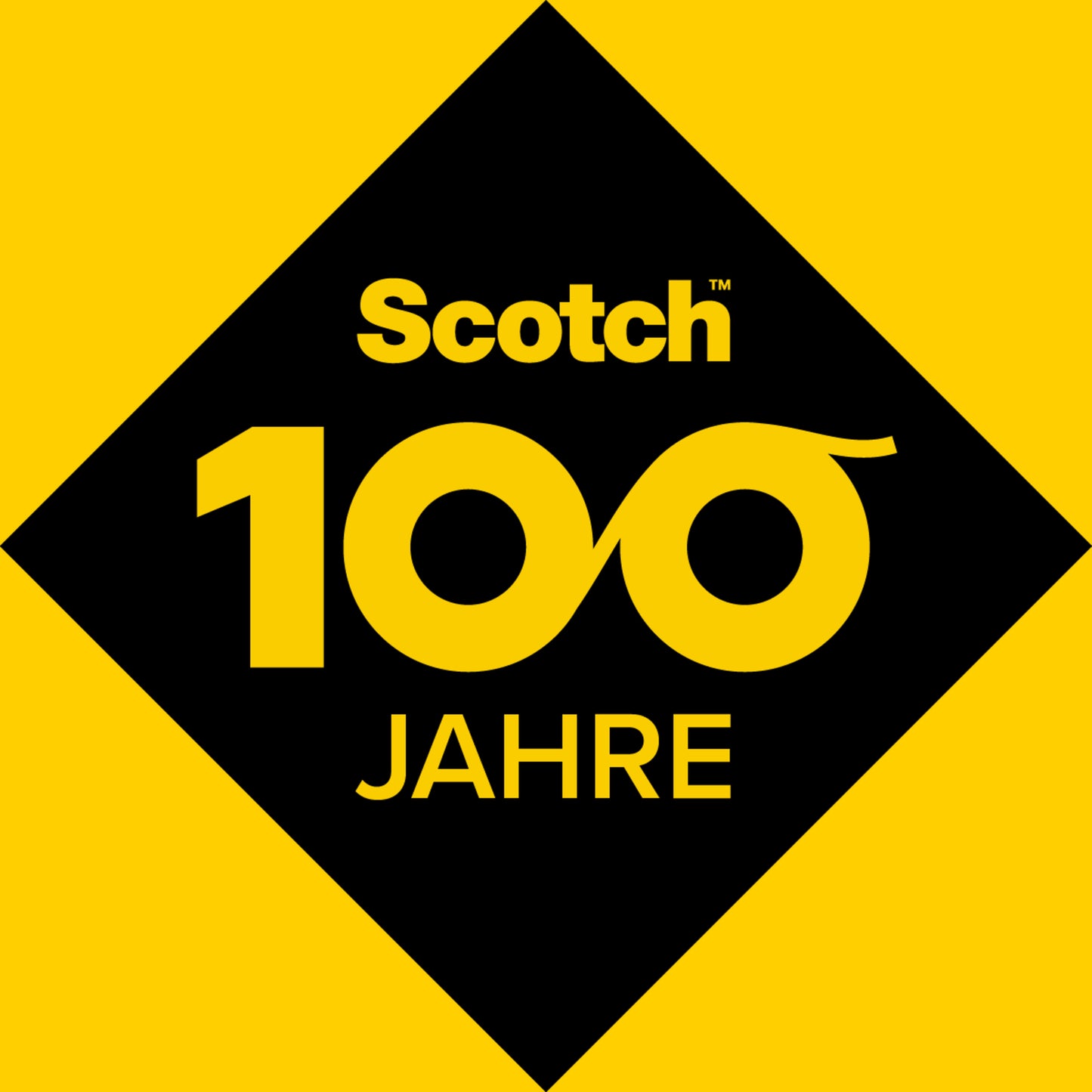Eine schwarze Raute auf gelbem Grund zeigt das Scotch® Crystal Klebeband-Logo, "100" mit unendlichen Nullen und "Jahre" als Zeichen für 100 Jahre transparentes Qualitätsklebeband der 3M Deutschland GmbH (19 mm x 7,5 m, 1 Rolle + Handabroller).