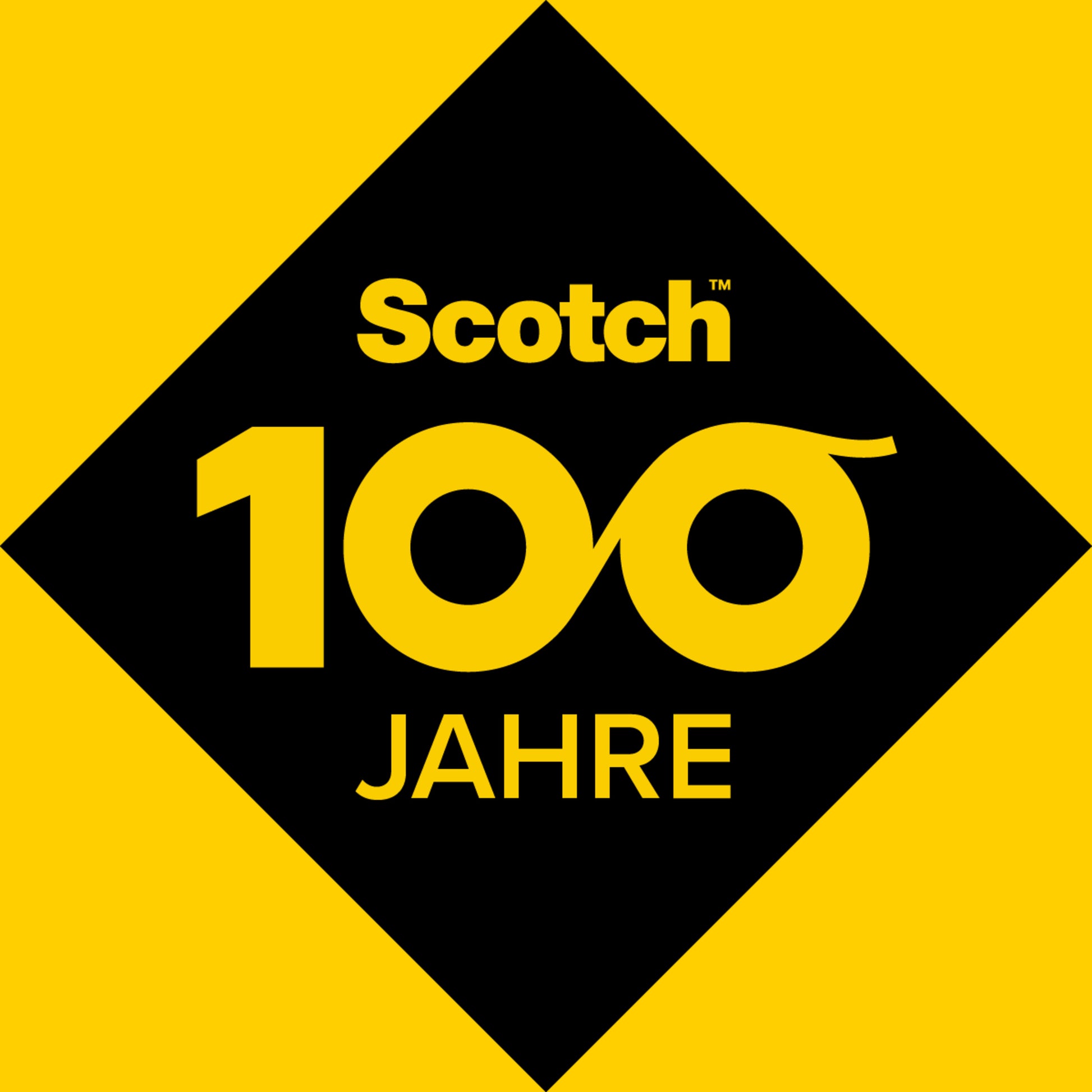 Eine schwarze Raute mit "Scotch 100 Jahre" in Gelb (die Nullen bilden ein Unendlichkeitssymbol) auf gelbem Hintergrund wirbt für das Scotch® Crystal Klebeband 6-1915R3/2 Aktionspackung von 3M Deutschland GmbH (2 Rollen +1 gratis).