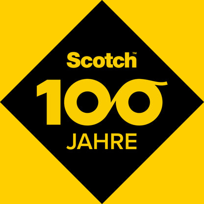 Zur Feier des 100-jährigen Bestehens von Scotch® Magic™ Unsichtbares Klebeband der 3M Deutschland GmbH zeigt die Verpackung eine schwarze Raute mit "Scotch" und "100" in Gelb - mit unendlichen Nullen - über "JAHRE" auf gelbem Hintergrund.