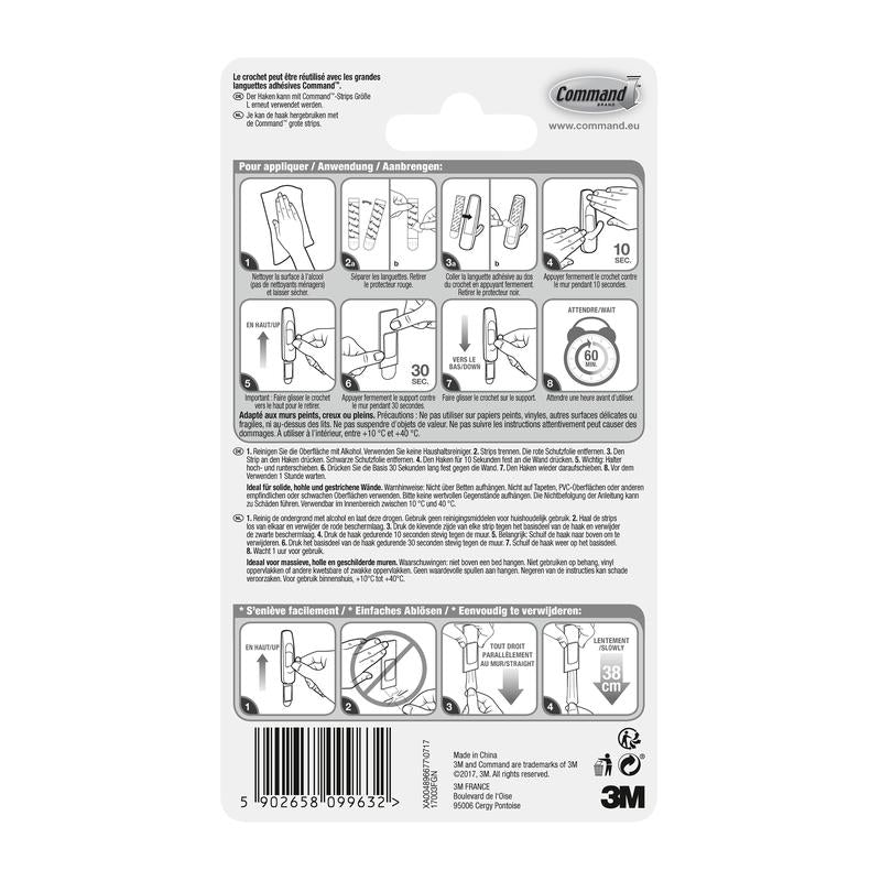 Η πίσω πλευρά του Command™ Large Universal-Haken, 17003-FGN από την 3M Deutschland GmbH δείχνει μια εικονογραφημένη οδηγία βήμα προς βήμα για την τοποθέτηση και την αφαίρεση, εξηγεί τον σχεδιασμό χωρίς ζημιές σε πολλές γλώσσες και περιέχει λεπτομέρειες προϊόντος στο κάτω μέρος.