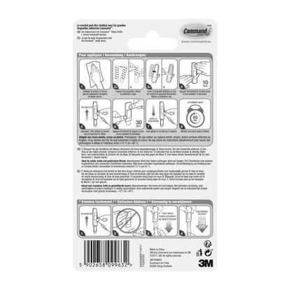 Η πίσω πλευρά του Command™ Large Universal-Haken, 17003-FGN από την 3M Deutschland GmbH δείχνει μια εικονογραφημένη οδηγία βήμα προς βήμα για την τοποθέτηση και την αφαίρεση, εξηγεί τον σχεδιασμό χωρίς ζημιές σε πολλές γλώσσες και περιέχει λεπτομέρειες προϊόντος στο κάτω μέρος.