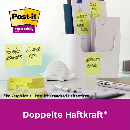 Στο γραφείο βρίσκονται τα Post-it® Super Sticky 100% Ανακυκλωμένα Σημειώματα (76x76 mm, 70 φύλλα, 100% PEFC) της 3M Deutschland GmbH πάνω σε γυάλινη επιφάνεια και έναν οργανωτή με χαρτιά και μια κεραμική χελώνα. Στις σημειώσεις γράφει "Μεταφορά πόρων", "Μείωση κινδύνου", "Αξιολόγηση απόδοσης".