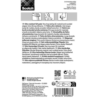 Πίσω πλευρά μιας συσκευασίας 3M Deutschland GmbH Scotch® Ακραίας Αντοχής Τσοχένια Επιθέματα SP87A35 (Ø 25mm, γκρι/λευκό, 8 τεμάχια), με πολυγλωσσικές πληροφορίες για την αυτοκόλλητη δύναμη, αντοχή, καθώς και έναν γραμμωτό κώδικα και σύμβολα κάτω δεξιά.