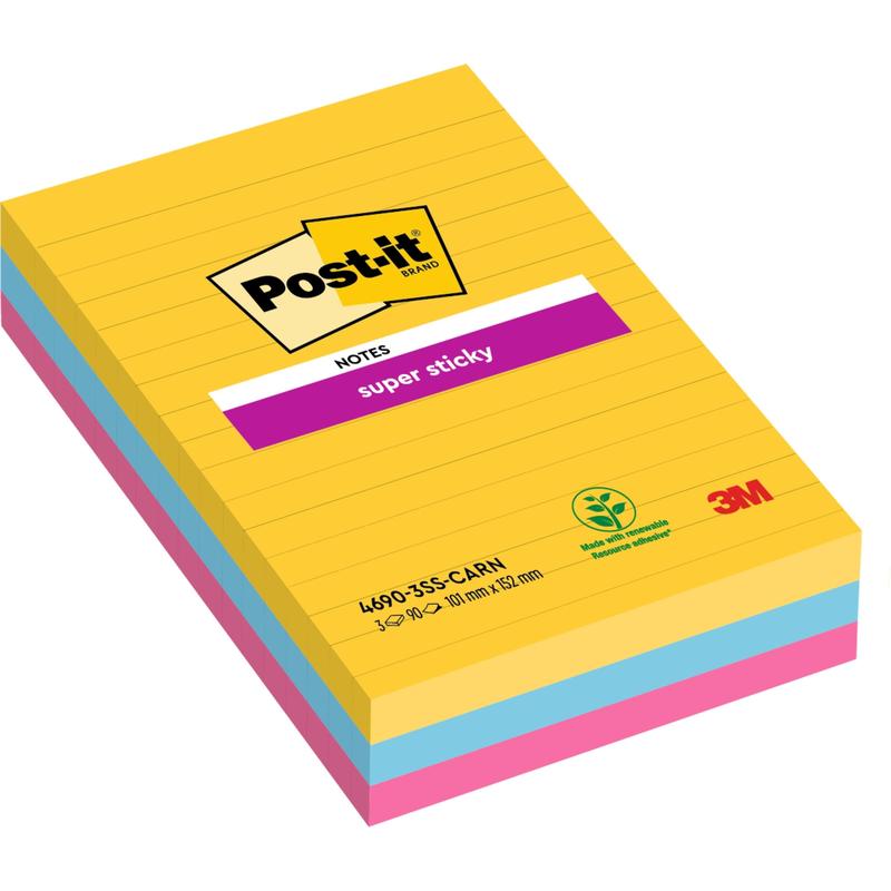 Ένα πακέτο Post-it® Super Sticky Notes, γραμμωμένο και σε μεγάλο μέγεθος (101 mm x 152 mm, 90 φύλλα/μπλοκ), από την 3M Deutschland GmbH. Κατασκευασμένο από 100% χαρτί με πιστοποίηση PEFC. Χρώματα: κίτρινο, μπλε και ροζ. Συσκευασία με φιλική προς το περιβάλλον ετικέτα.