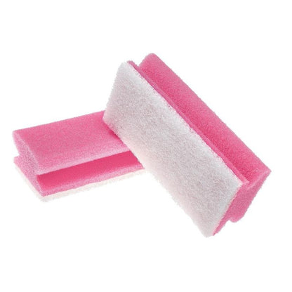 Ένα Scotch-Brite® Bath Griffschwamm XXL από την 3M Deutschland GmbH βρίσκεται σε λευκό φόντο· το ένα επίπεδο, το άλλο κεκλιμένο - ροζ με λευκή επιφάνεια τριβής, ιδανικό για τον καθαρισμό του μπάνιου. Η συσκευασία περιέχει 1 τεμάχιο.