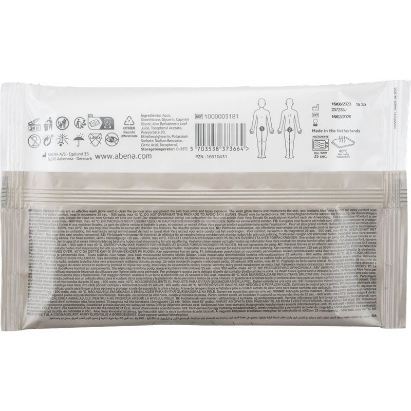 Πίσω όψη της συσκευασίας Περινεϊκών Γαντιών Abena Re-Seller GmbH (4 τεμάχια) δείχνει σύμβολα, λεπτομέρειες προϊόντος, οδηγίες, γραμμωτό κώδικα, πληροφορίες εταιρείας και διαγράμματα για περινεϊκή φροντίδα. Το κείμενο εμφανίζεται σε πολλές γλώσσες.