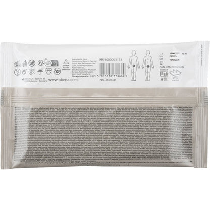 Πίσω όψη της συσκευασίας Περινεϊκών Γαντιών Abena Re-Seller GmbH (4 τεμάχια) δείχνει σύμβολα, λεπτομέρειες προϊόντος, οδηγίες, γραμμωτό κώδικα, πληροφορίες εταιρείας και διαγράμματα για περινεϊκή φροντίδα. Το κείμενο εμφανίζεται σε πολλές γλώσσες.