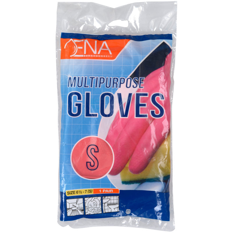 Eine Packung mit der Aufschrift "ENA Multipurpose Haushaltshandschuhe Latex, Gelb" der Abena Re-Seller GmbH zeigt gelbe Handschuhe. Die Packung hat die Größe S (6½-7) und enthält ein Paar.