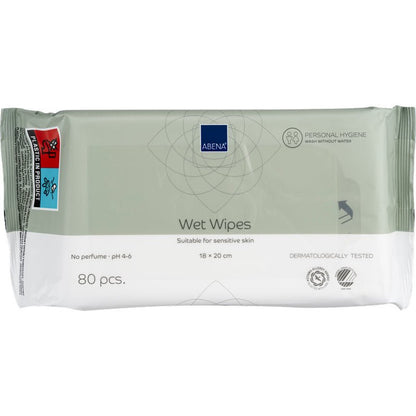 Μια συσκευασία με 80 υγρά μαντηλάκια Abena Re-Seller GmbH (18x20 cm, λευκά) με αυτοκόλλητο κλείσιμο. Η ανοιχτό γκρι-λευκή συσκευασία περιέχει πληροφορίες προϊόντος, σύμβολα, επανασφραγιζόμενη γλωττίδα και μια κόκκινη-μπλε ετικέτα - ιδανική για την καθημερινή υγιεινή.