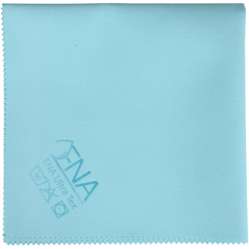 Ένα ανοιχτό μπλε πανί ENA Ultra Tex PU (38x37 cm) από την Abena Re-Seller GmbH με οδοντωτό άκρο, σύμβολα φροντίδας και την επιγραφή "FNA Ultra Tex" κάτω αριστερά - ιδανικό για καθαρισμό χωρίς ραβδώσεις.