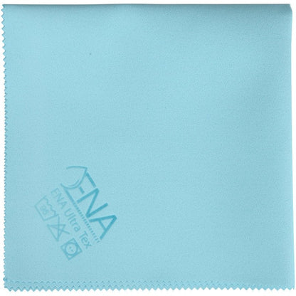 Ένα ανοιχτό μπλε πανί ENA Ultra Tex PU (38x37 cm) από την Abena Re-Seller GmbH με οδοντωτό άκρο, σύμβολα φροντίδας και την επιγραφή "FNA Ultra Tex" κάτω αριστερά - ιδανικό για καθαρισμό χωρίς ραβδώσεις.