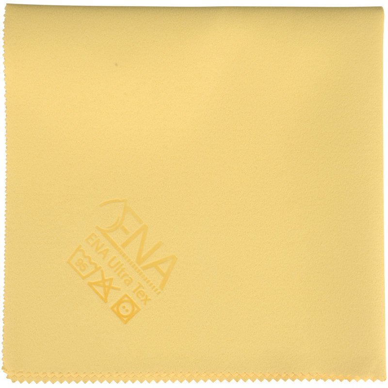 Ένα τετράγωνο, ανοιχτό κίτρινο πανί ENA Ultra Tex PU (38x37 cm) της Abena Re-Seller GmbH από μικροΐνες με οδοντωτό άκρο και σύμβολα φροντίδας συν λογότυπο σε μια γωνία - ιδανικό για καθαρισμό χωρίς ραβδώσεις.