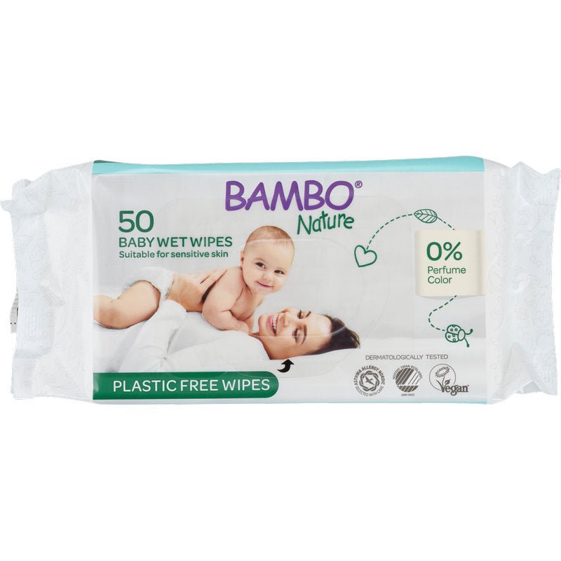 Μια συσκευασία υγρών μαντηλιών Bambo Nature (50 τεμάχια) της Abena Re-Seller GmbH, κατασκευασμένα από 100% βισκόζη, βιοδιασπώμενα, κατάλληλα για ευαίσθητο δέρμα, χωρίς άρωμα και χρωστικές ουσίες.