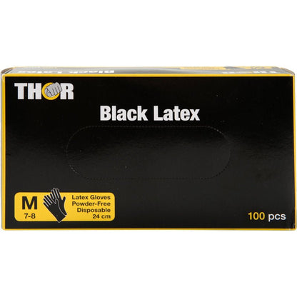Ένα μαύρο κουτί με την επιγραφή "Thor Black Latex, χωρίς πούδρα" της Abena Re-Seller GmbH περιέχει 100 μαύρα, χωρίς πούδρα γάντια λατέξ μιας χρήσης (μέγεθος M, 24 cm). Η μπροστινή πλευρά δείχνει ένα σύμβολο χεριού και πληροφορίες σε κίτρινο πλαίσιο.