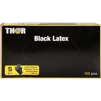 Ένα μαύρο κουτί από την Abena Re-Seller GmbH, με την επιγραφή "Thor Black Latex, χωρίς πούδρα", περιέχει 100 μαύρα γάντια λατέξ, μέγεθος S (6-7), 24 cm μήκος· η συσκευασία δείχνει λευκά και κίτρινα γράμματα σε μαύρο φόντο.