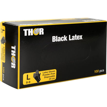 Ένα μαύρο κουτί της Abena Re-Seller GmbH Thor Black Latex, χωρίς πούδρα γάντια, μέγεθος μεγάλο (8-9), μιας χρήσης, 24 cm, περιέχει 100 τεμάχια. Η συσκευασία έχει κίτρινα και λευκά γράμματα με εικόνες γαντιών.