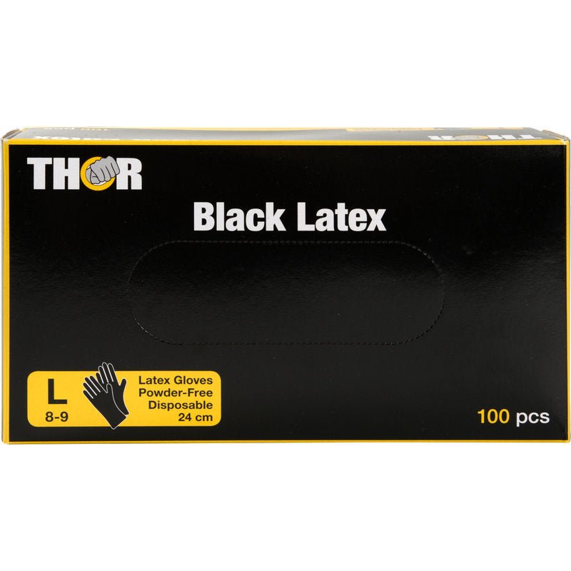 Ένα μαύρο κουτί με την επιγραφή "Thor Black Latex, χωρίς πούδρα" από την Abena Re-Seller GmbH περιέχει 100 μεγάλα (8-9), χωρίς πούδρα, μαύρα γάντια λατέξ μιας χρήσης (24 cm). Το κουτί είναι διακοσμημένο με κίτρινα και λευκά γράμματα καθώς και ένα σύμβολο γαντιού.