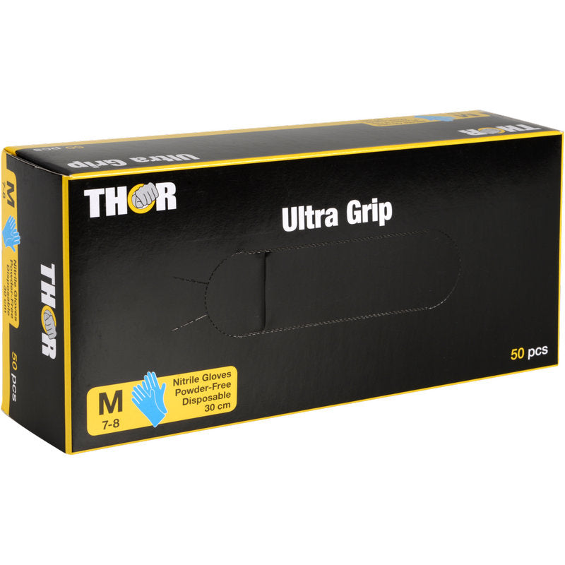 Ένα μπλε κουτί με την επιγραφή "Thor Ultra Grip Long" της Abena Re-Seller GmbH περιέχει 50 μεσαίου μεγέθους, χωρίς πούδρα μπλε γάντια νιτριλίου (30 εκ, μέγεθος 7-8), με μια εικόνα γαντιού στο μπροστινό μέρος.