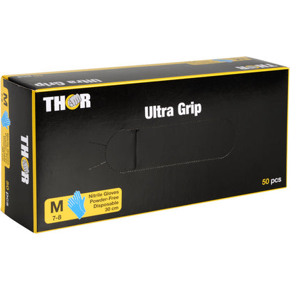 Ένα μπλε κουτί με την επιγραφή "Thor Ultra Grip Long" της Abena Re-Seller GmbH περιέχει 50 μεσαίου μεγέθους, χωρίς πούδρα μπλε γάντια νιτριλίου (30 εκ, μέγεθος 7-8), με μια εικόνα γαντιού στο μπροστινό μέρος.