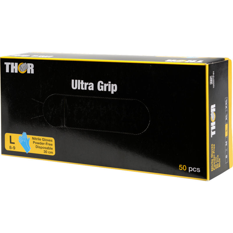 Ένα μπλε κουτί με την επιγραφή "Thor Ultra Grip Long" της Abena Re-Seller GmbH περιέχει 50 μεγάλα, χωρίς πούδρα, μίας χρήσης νιτριλίου γάντια (30 εκ).