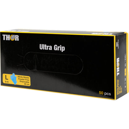 Ένα μπλε κουτί με την επιγραφή "Thor Ultra Grip Long" της Abena Re-Seller GmbH περιέχει 50 μεγάλα, χωρίς πούδρα, μίας χρήσης νιτριλίου γάντια (30 εκ).