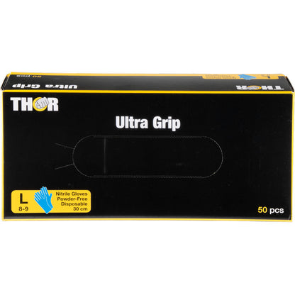 Ένα μπλε κουτί γαντιών νιτριλίου Thor Ultra Grip Long της Abena Re-Seller GmbH, 30 εκ, μέγεθος Large (8-9), χωρίς πούδρα, με ένα σύμβολο γαντιού και το κείμενο που αναφέρει ότι περιέχει 50 γάντια μίας χρήσης.