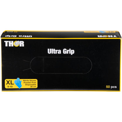 Ένα κουτί με 50 γάντια νιτριλίου Thor Ultra Grip Long της Abena Re-Seller GmbH, 30 εκ, μπλε, χωρίς πούδρα και μίας χρήσης, με μπλε και κίτρινες λεπτομέρειες και ένα σύμβολο γαντιού.