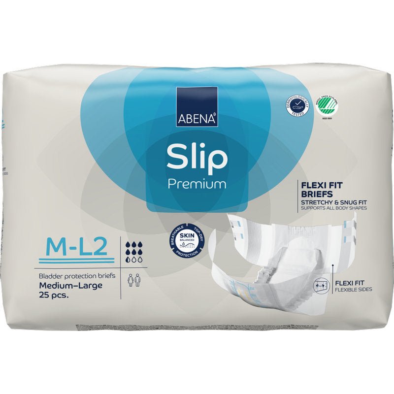 ABENA Slip Flexi Fit M-L Premium από την Abena Re-Seller GmbH, συσκευασία με 25 slips για ενήλικες. Προσφέρει ευέλικτη εφαρμογή και ποιότητα premium, με σύμβολα απορροφητικότητας και branding σε λευκό και μπλε φόντο.