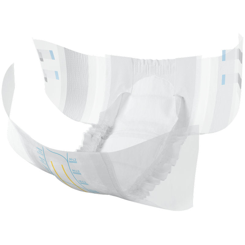 Der ABENA Slip Flexi Fit M-L Premium von Abena Re-Seller GmbH ist ein Einweg-Inkontinenzslip für Erwachsene mit flexibler Passform, elastischen Beinabschlüssen, mehreren Klebelaschen, absorbierendem Kern und einer Außenseite mit aufgedruckten Markierungen und Nässeindikatoren.