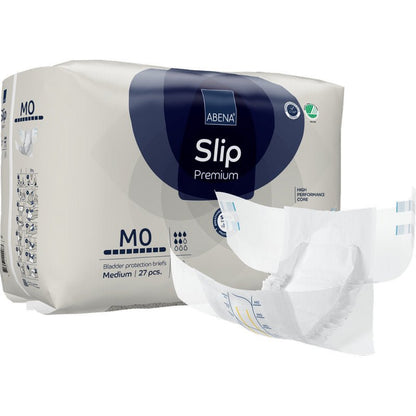 Μια συσκευασία ABENA Slip Premium προστατευτικών slip της Abena Re-Seller GmbH, μεσαίο μέγεθος, 27 κομμάτια. Στο μπροστινό μέρος απεικονίζεται ένα λευκό slip με μπλε και γκρι πινελιές, που αναδεικνύει το σχήμα και το σχεδιασμό της φροντίδας ακράτειας.