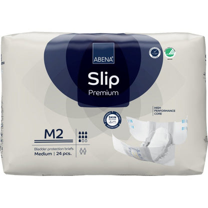 Μια συσκευασία 24 τεμαχίων ABENA Slip Premium από την Abena Re-Seller GmbH, μέγεθος M2 medium, προσφέρει φιλική προς το δέρμα, υψηλής απόδοσης προστασία ακράτειας για άνεση και ασφάλεια.