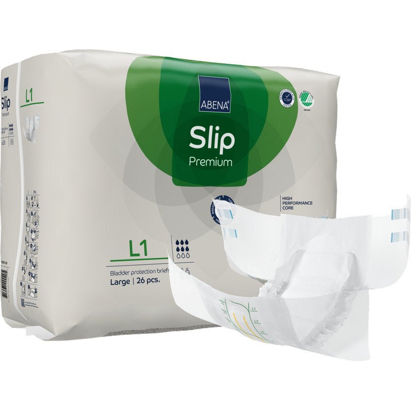 Μια συσκευασία ABENA Slip Premium Inkontinenzslips για ενήλικες από την Abena Re-Seller GmbH, μέγεθος Large, περιέχει 26 τεμάχια. Ένα slip απεικονίζεται εκτός της συσκευασίας και δείχνει τον ανοιγμένο σχεδιασμό του και τον απορροφητικό πυρήνα για αξιόπιστη προστασία.