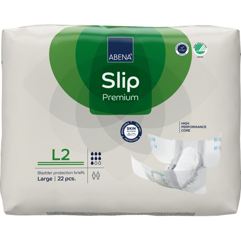 Μια συσκευασία 22 τεμαχίων ABENA Slip Premium από την Abena Re-Seller GmbH, μέγεθος Large, σε κυρίως λευκή συσκευασία με πράσινες πινελιές; διαθέτει έναν "υψηλής απόδοσης πυρήνα" για αποτελεσματική προστασία της ουροδόχου κύστης.