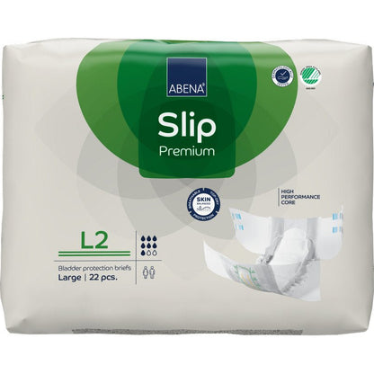 Μια συσκευασία 22 τεμαχίων ABENA Slip Premium από την Abena Re-Seller GmbH, μέγεθος Large, σε κυρίως λευκή συσκευασία με πράσινες πινελιές; διαθέτει έναν "υψηλής απόδοσης πυρήνα" για αποτελεσματική προστασία της ουροδόχου κύστης.