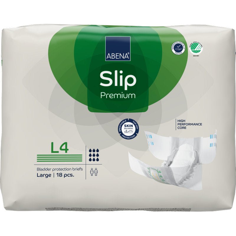 Μια συσκευασία ABENA Slip Premium από την Abena Re-Seller GmbH, μέγεθος Large (L4), περιέχει 18 slips. Η λευκό-πράσινη συσκευασία δείχνει ένα ανοιχτό slip και εικονίδια για υψηλή απορροφητικότητα και προστασία δέρματος.