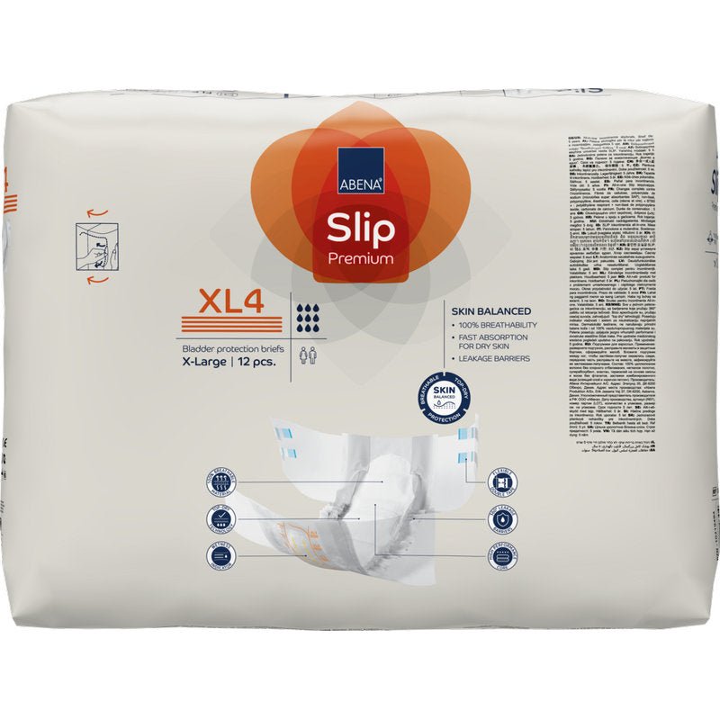 Μια συσκευασία ABENA Slip Premium από την Abena Re-Seller GmbH, μέγεθος XL4 X-Large, 12 τεμάχια ανά συσκευασία, με μπροστινό μέρος και χέρια που κρατούν μια πάνα - ιδανική για αξιόπιστη φροντίδα ακράτειας.